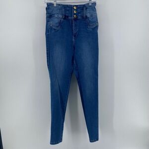 Nicolette Womens High Waisted Skinny Jeans Medium Wash Triple Button Size 16